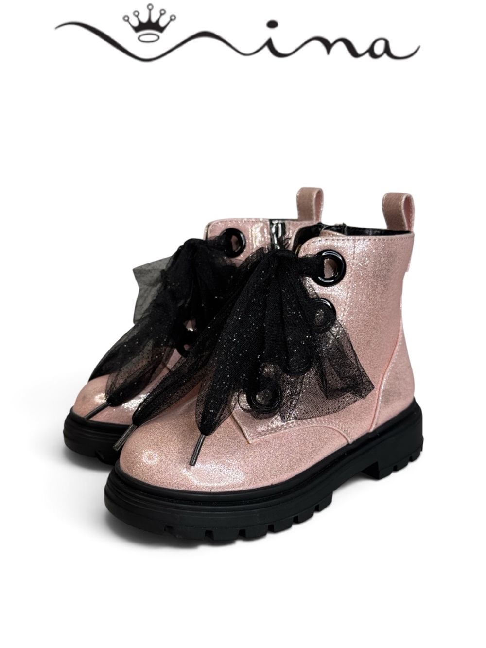 NINA CHASSY LIGHT PINK SHIMMER GLITTER COMBAT BOOTS BLACK TULLE LACES SIZE 10